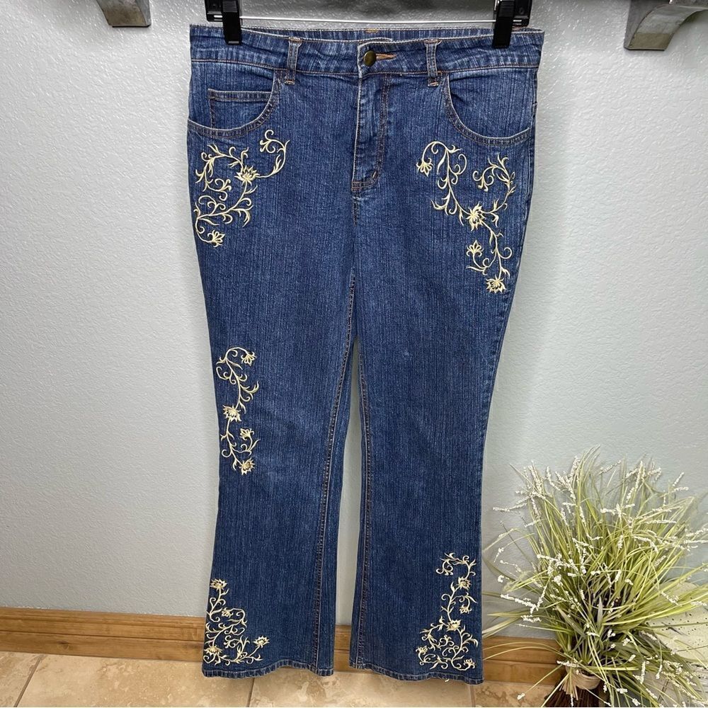 Cache Gold Embroidered Boot Cut Blue denim Jeans Size 10